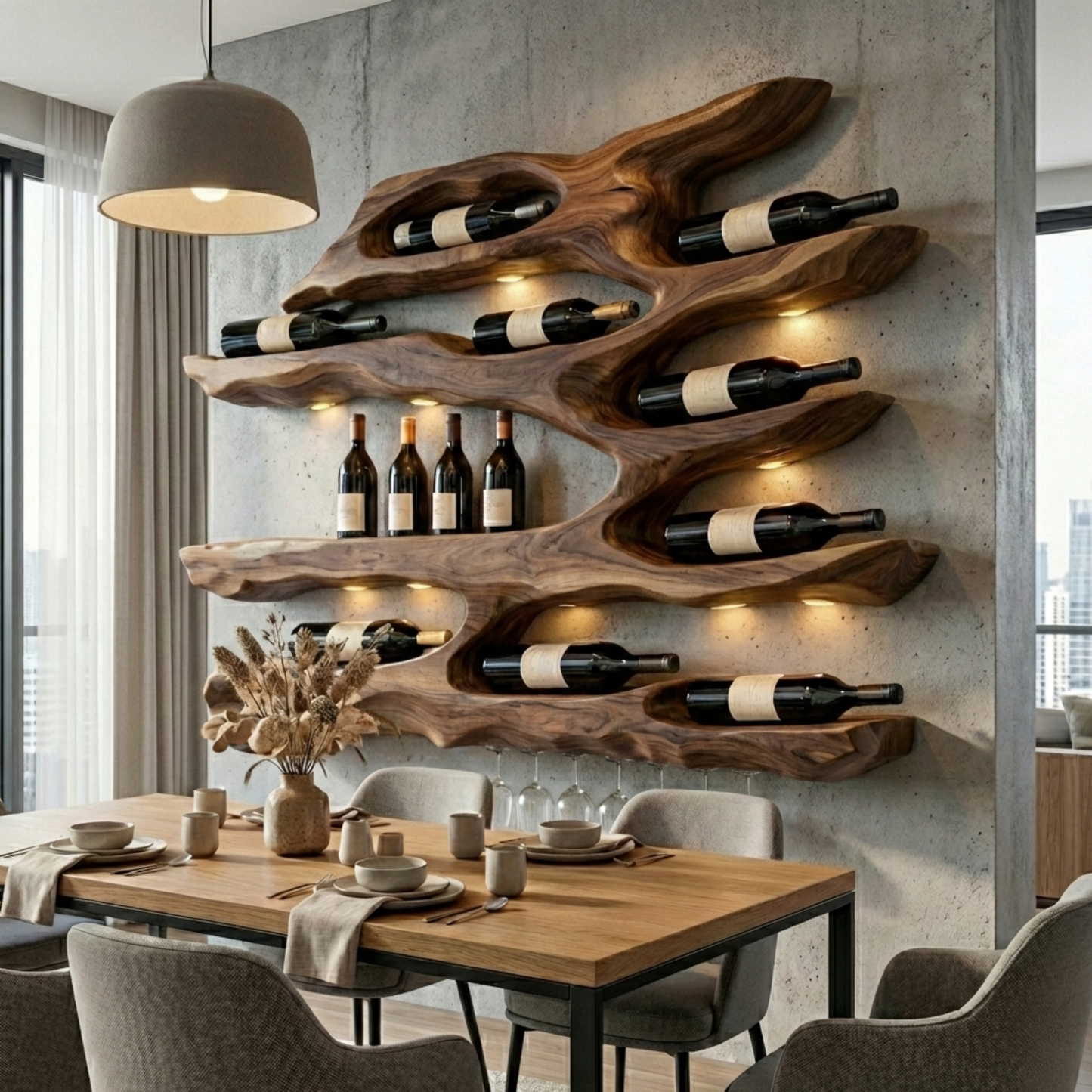 Handcrafted Solid Wood Wall Wine Holder – Live Edge Sculptural Wine Rack with Glass Holder