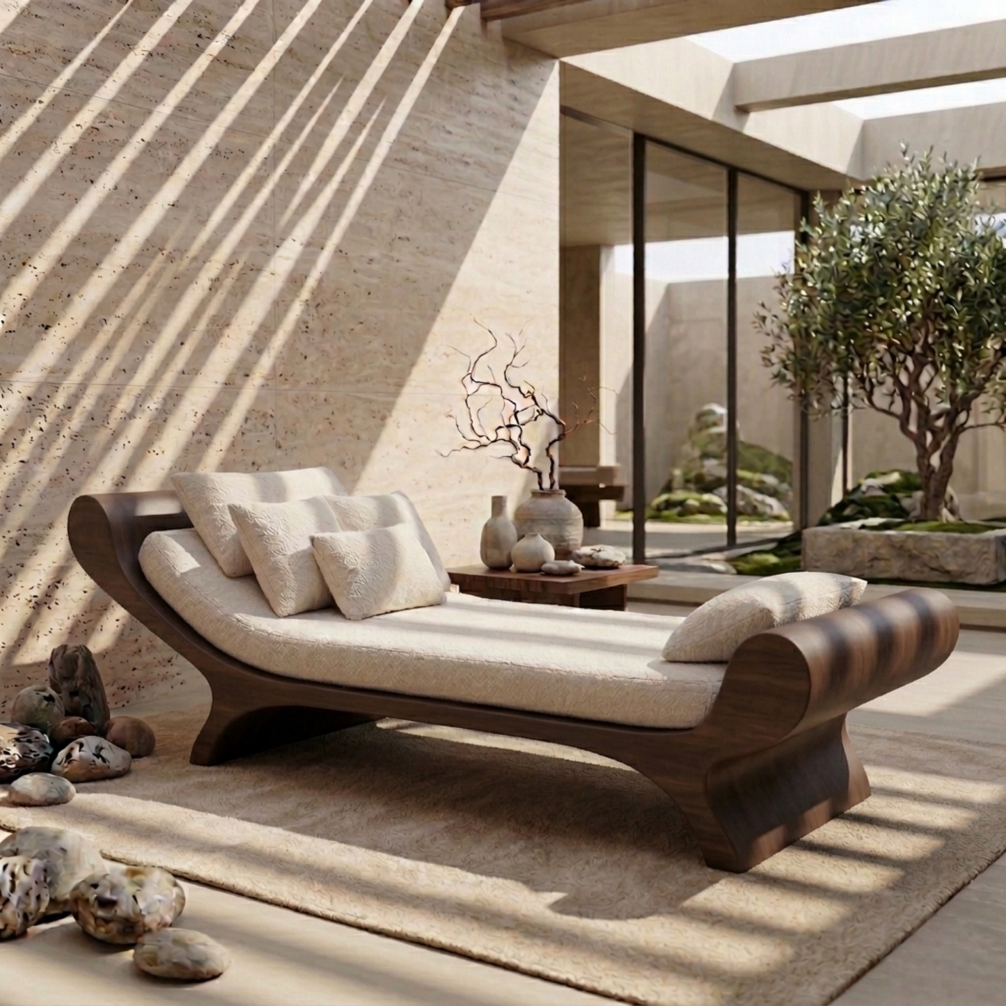 Solid Wood Daybed Frame with Sculptural Curved Design – Modern Minimalist Lounge Bed Kitchnce