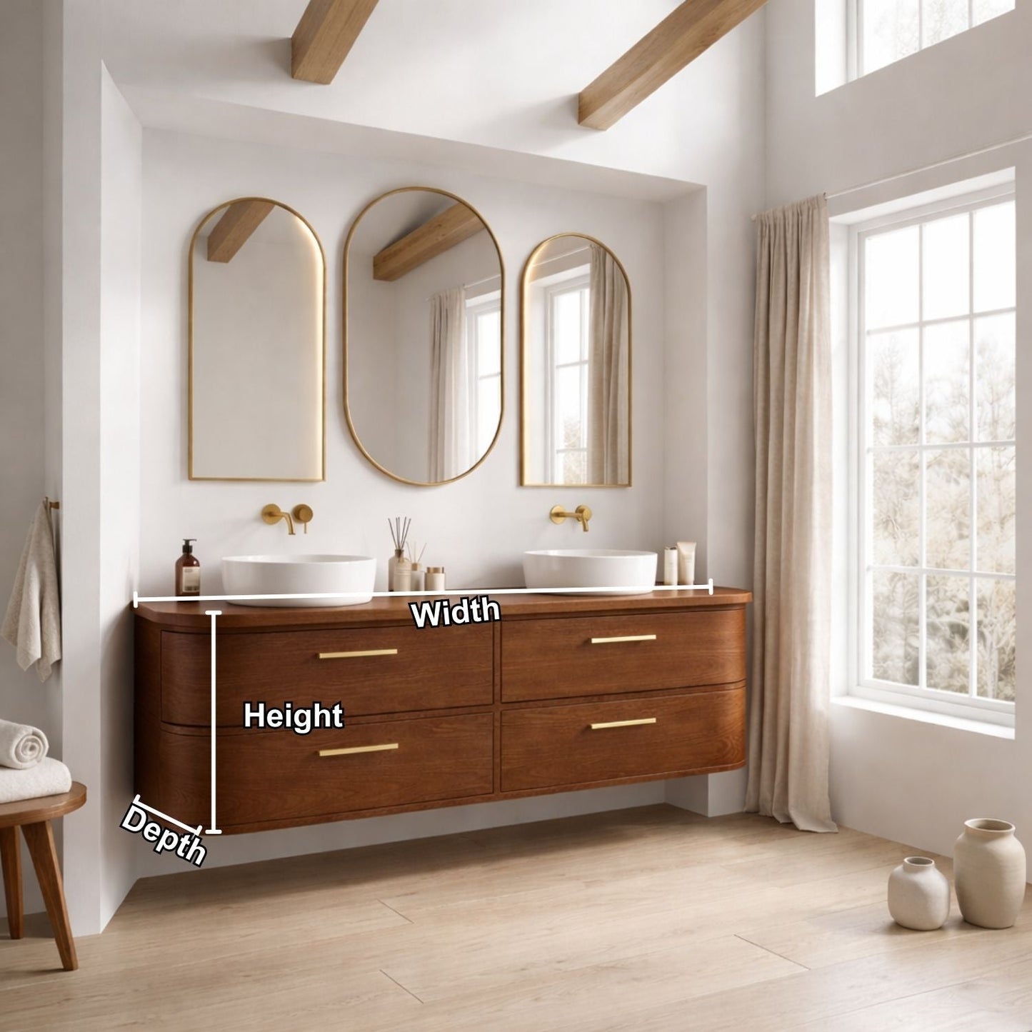 Handcrafted Curved Floating Double Vanity - Solid Wood Luxury Bathroom Cabinet Kitchnce