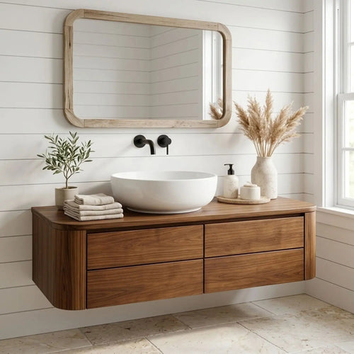 Floating Bathroom Vanity with Rounded Edges and Four Drawer Storage Cabinet Kitchnce