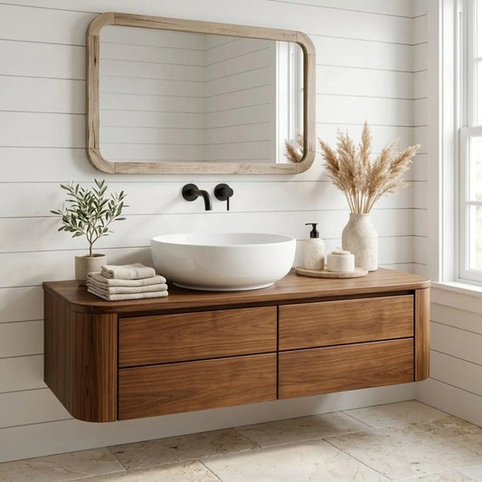 Floating Bathroom Vanity with Rounded Edges and Four Drawer Storage Cabinet Kitchnce