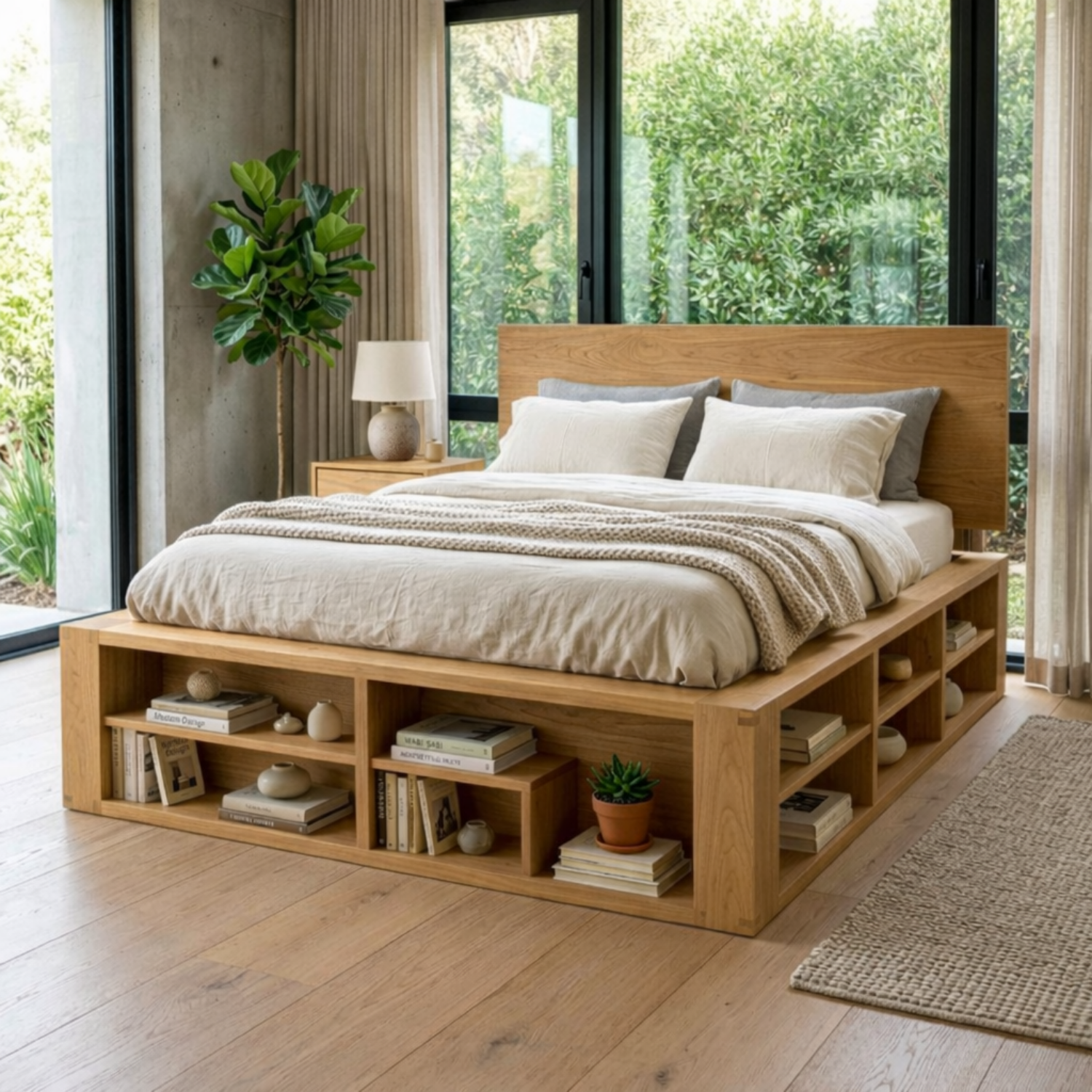 Solid Wood Platform Bed Frame with Built-In Open Shelf Storage Base