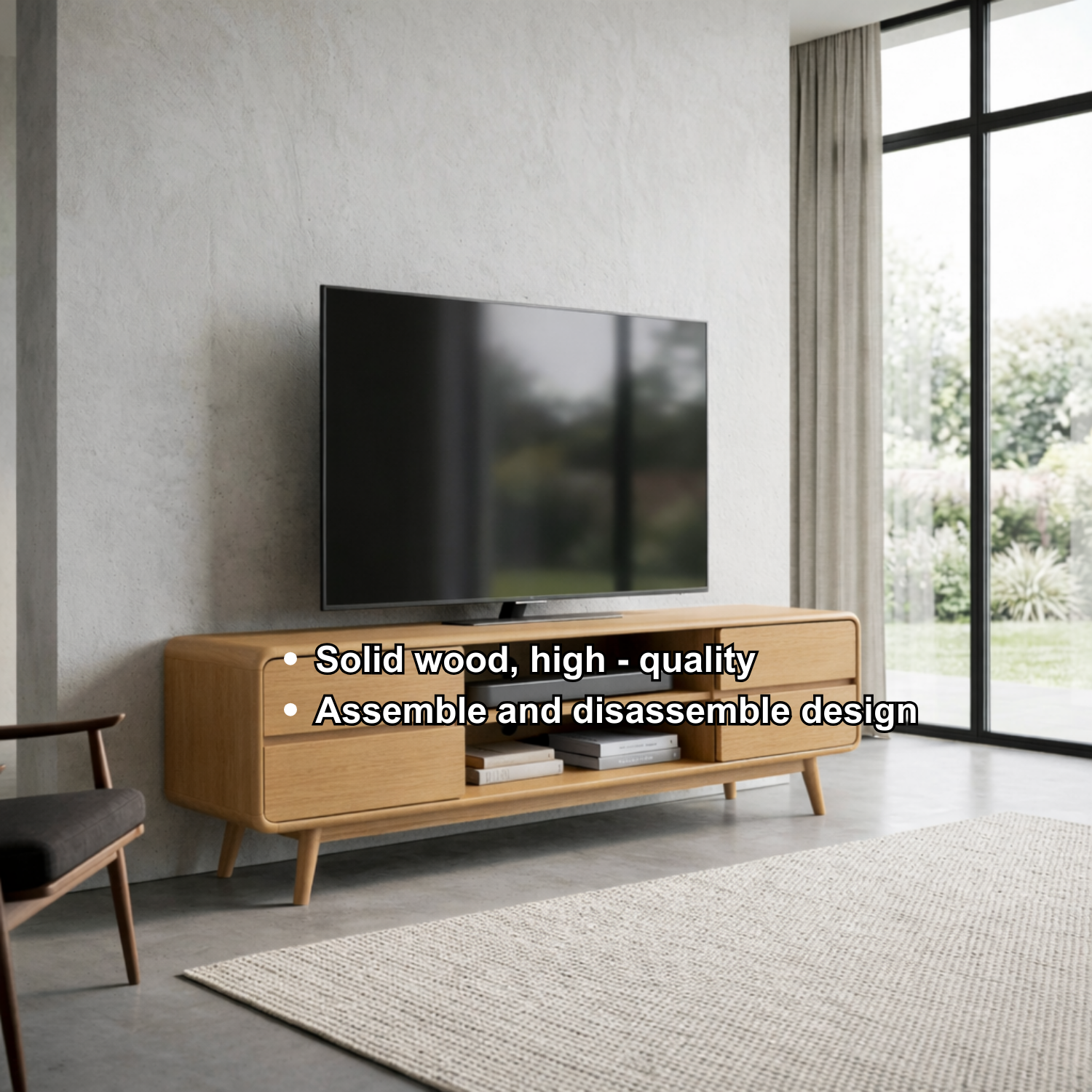 Modern Solid Wood TV Stand with 4 Drawers and Media Shelf – Minimalist Design Media Console Kitchnce
