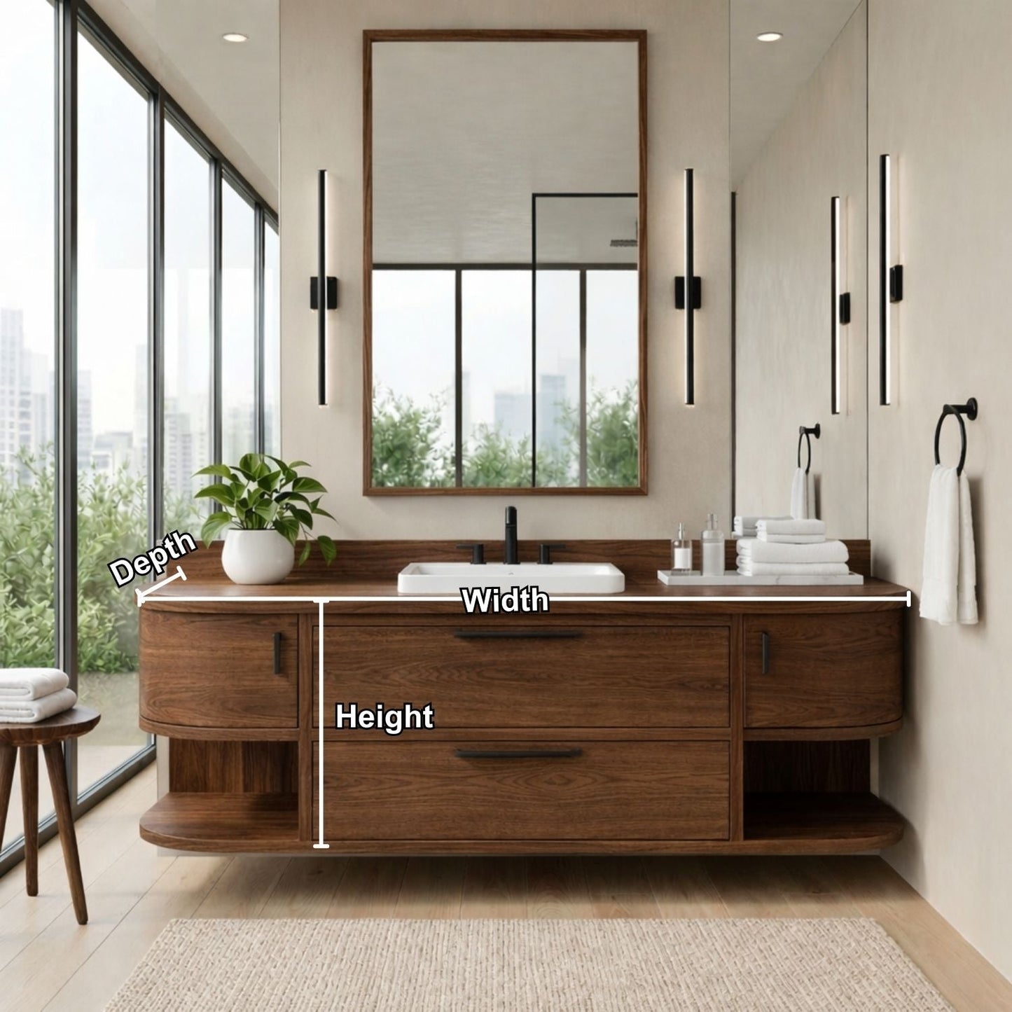 Handcrafted Floating Vanity with Open Shelving - Solid Wood Curved Bathroom Cabinet Kitchnce