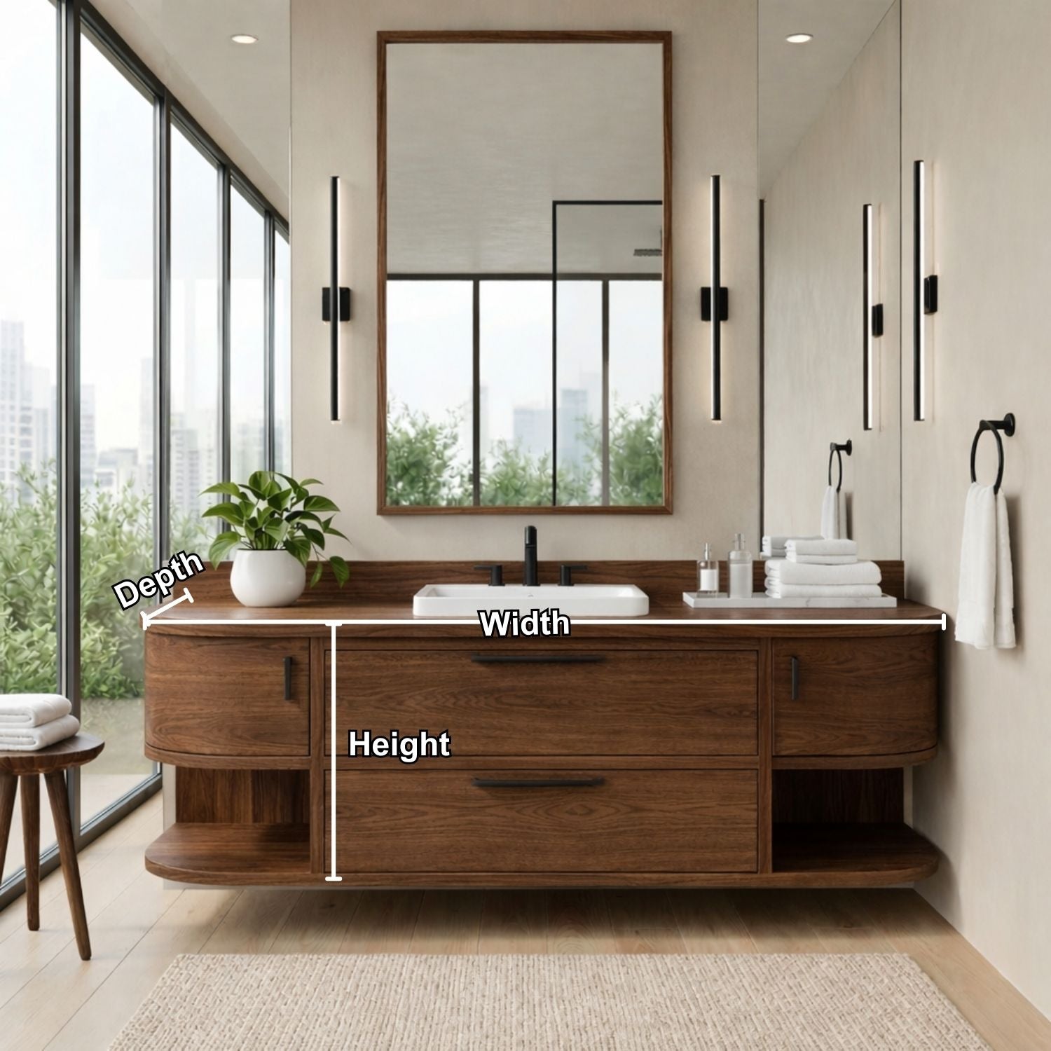 Handcrafted Floating Vanity with Open Shelving - Solid Wood Curved Bathroom Cabinet Kitchnce