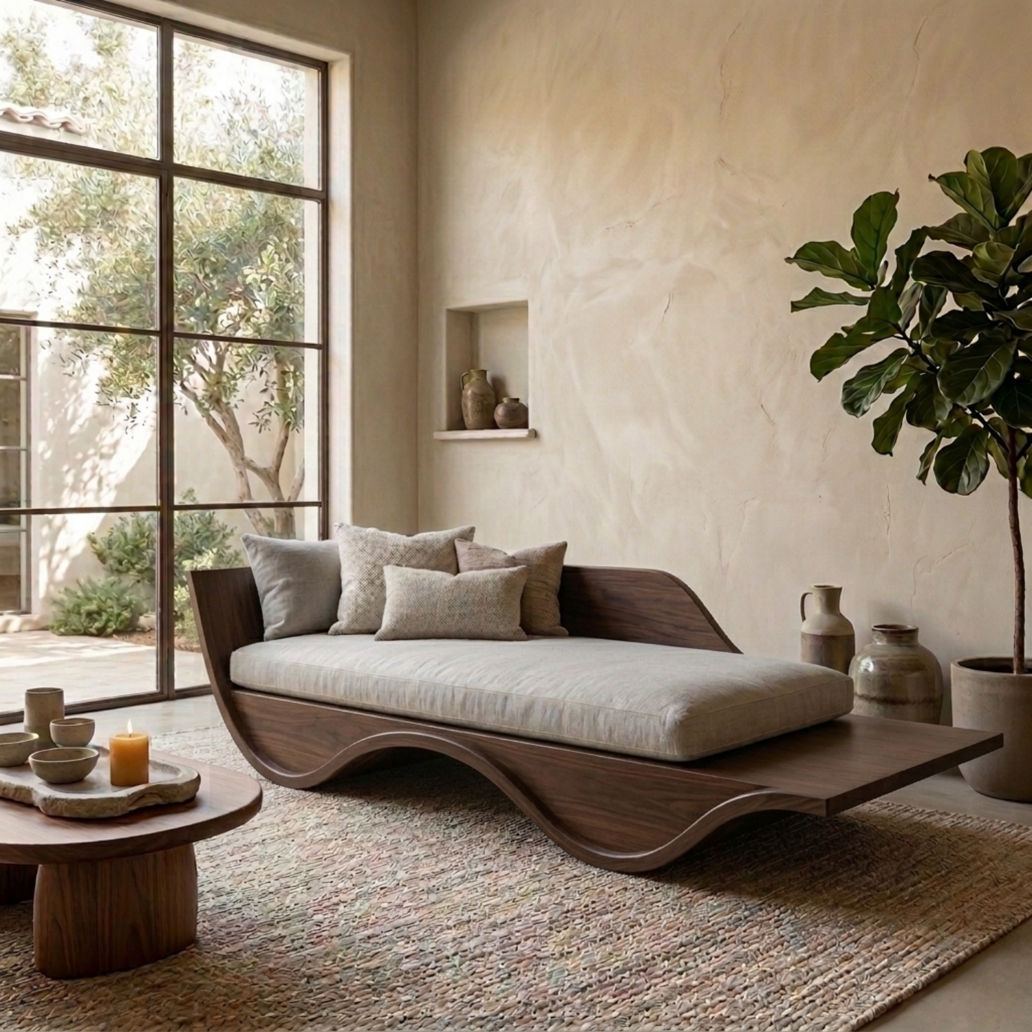 Solid Wood Curved Daybed Frame – Modern Minimalist Wave Design Lounge Bed Kitchnce