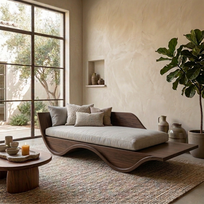 Solid Wood Curved Daybed Frame – Modern Minimalist Wave Design Lounge Bed Kitchnce