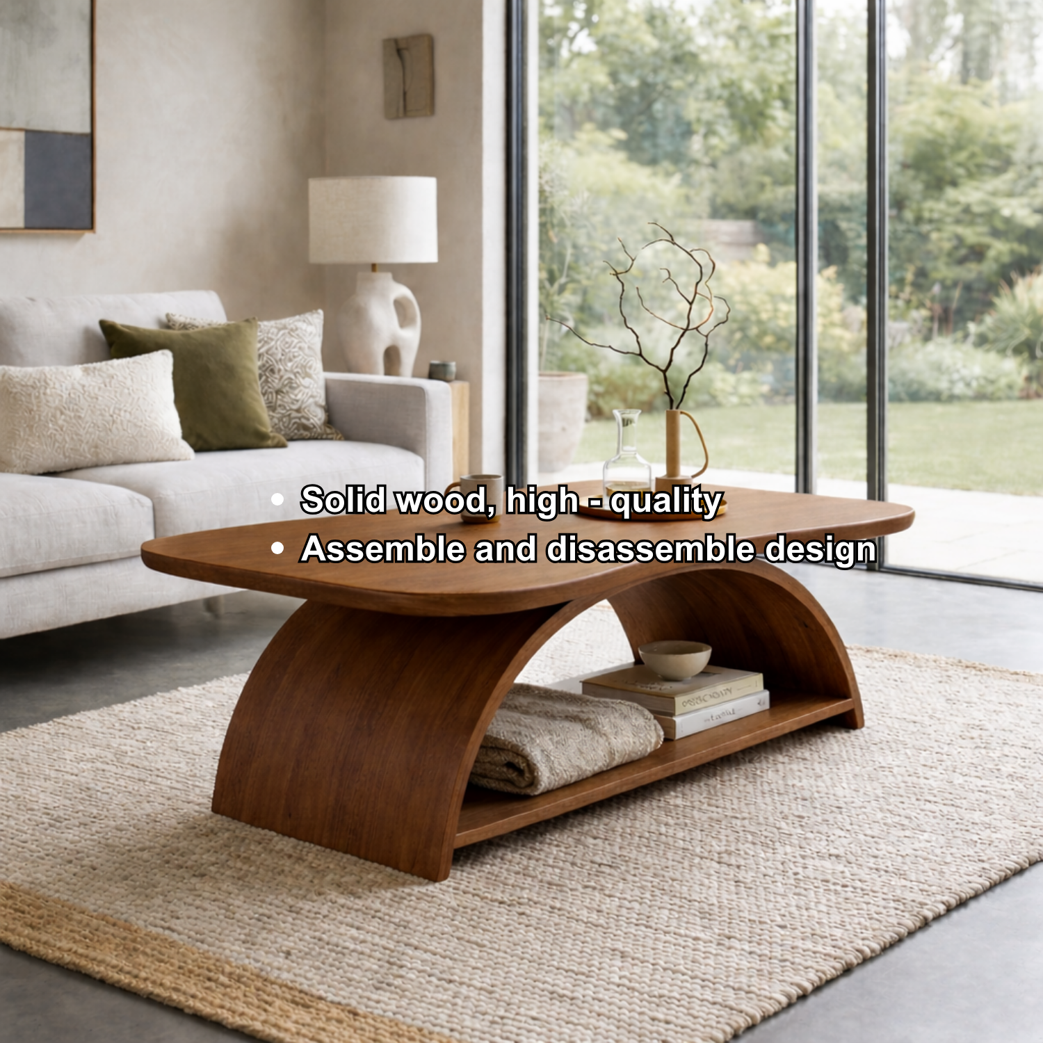 Curved Solid Wood Coffee Table with Open Shelf – Modern Sculptural Design Kitchnce
