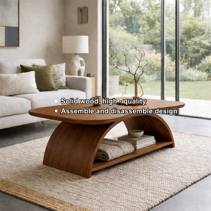 Curved Solid Wood Coffee Table with Open Shelf – Modern Sculptural Design Kitchnce