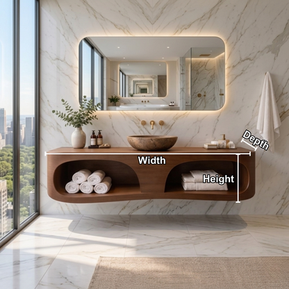 Solid Wood Floating Bathroom Vanity with Open Shelf – Modern Wall Mounted Vanity Kitchnce