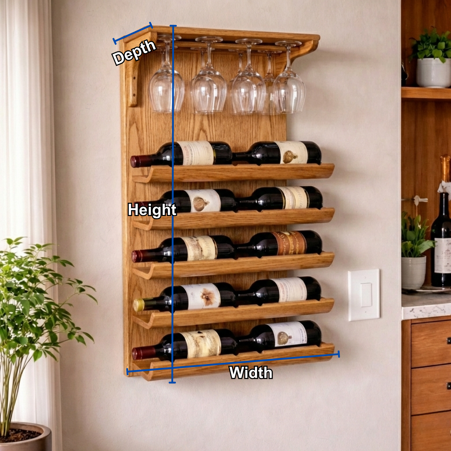 Solid Wood Wall Mounted Wine Rack with Glass Holder – Classic Home Bar Storage