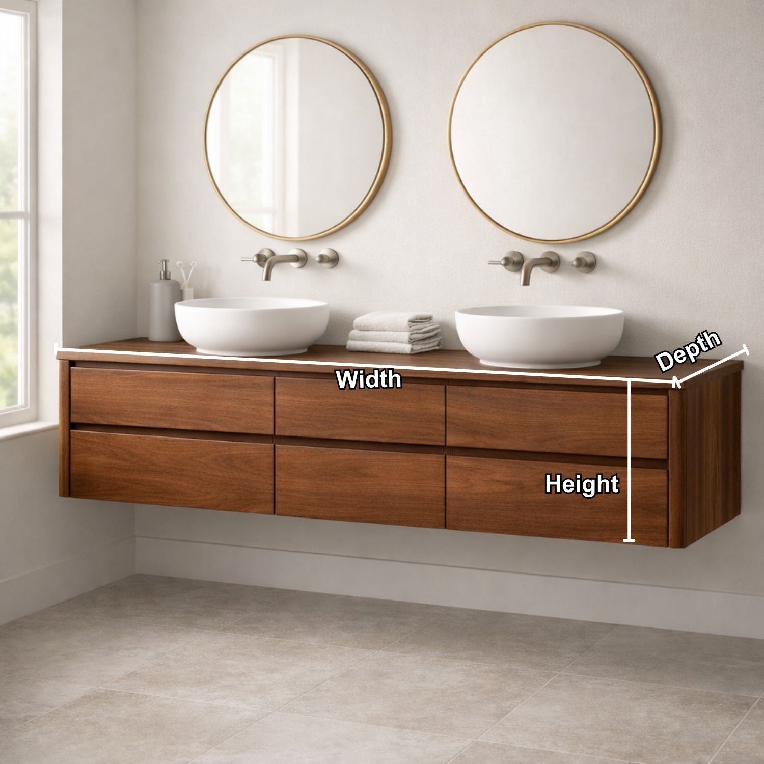 Handcrafted 6-Drawer Floating Double Vanity - Solid Wood Modern Bathroom Cabinet Kitchnce