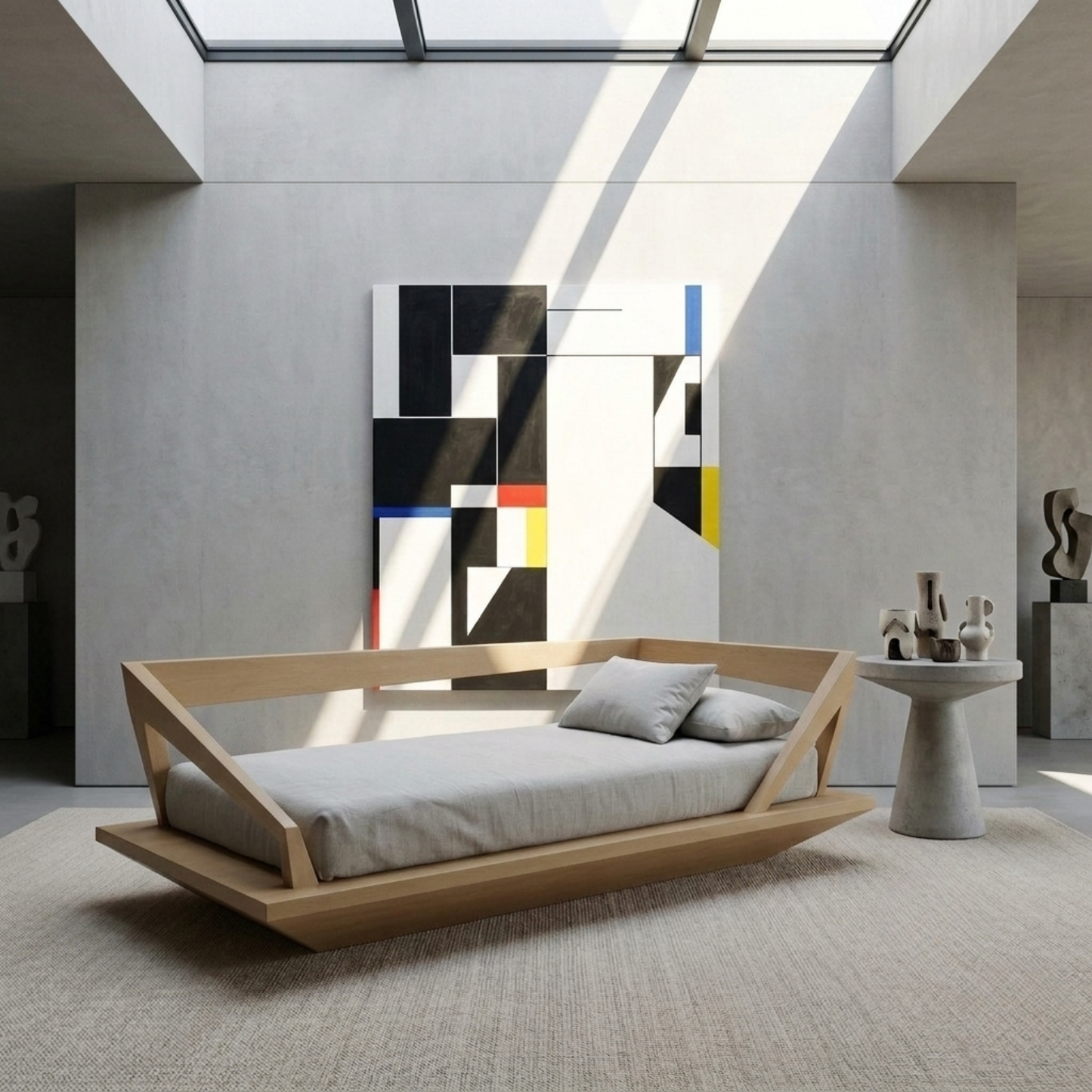 Solid Wood Daybed Frame with Geometric Side Rails – Modern Minimalist Lounge Bed Kitchnce