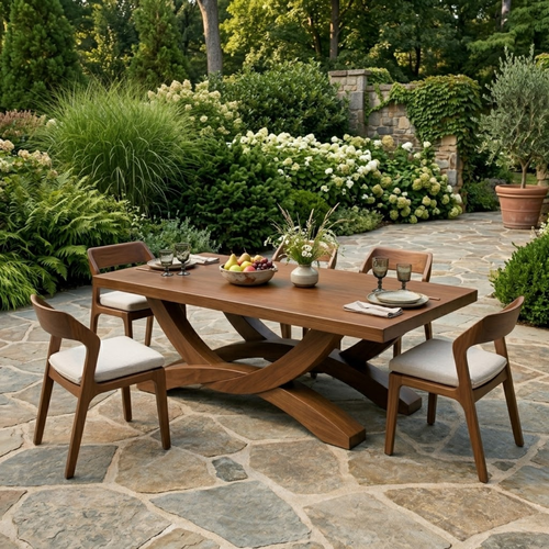 Solid Wood Outdoor Dining Table Rectangular Top with Sculptural Cross Base