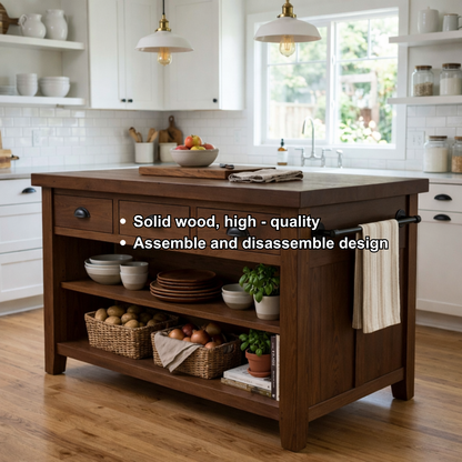 Farmhouse Solid Wood Kitchen Island with Drawers, Open Shelves and Towel Bar Kitchnce