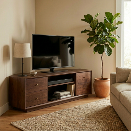 Solid Wood Corner TV Stand with Drawers and Open Media Shelf – Corner Media Console