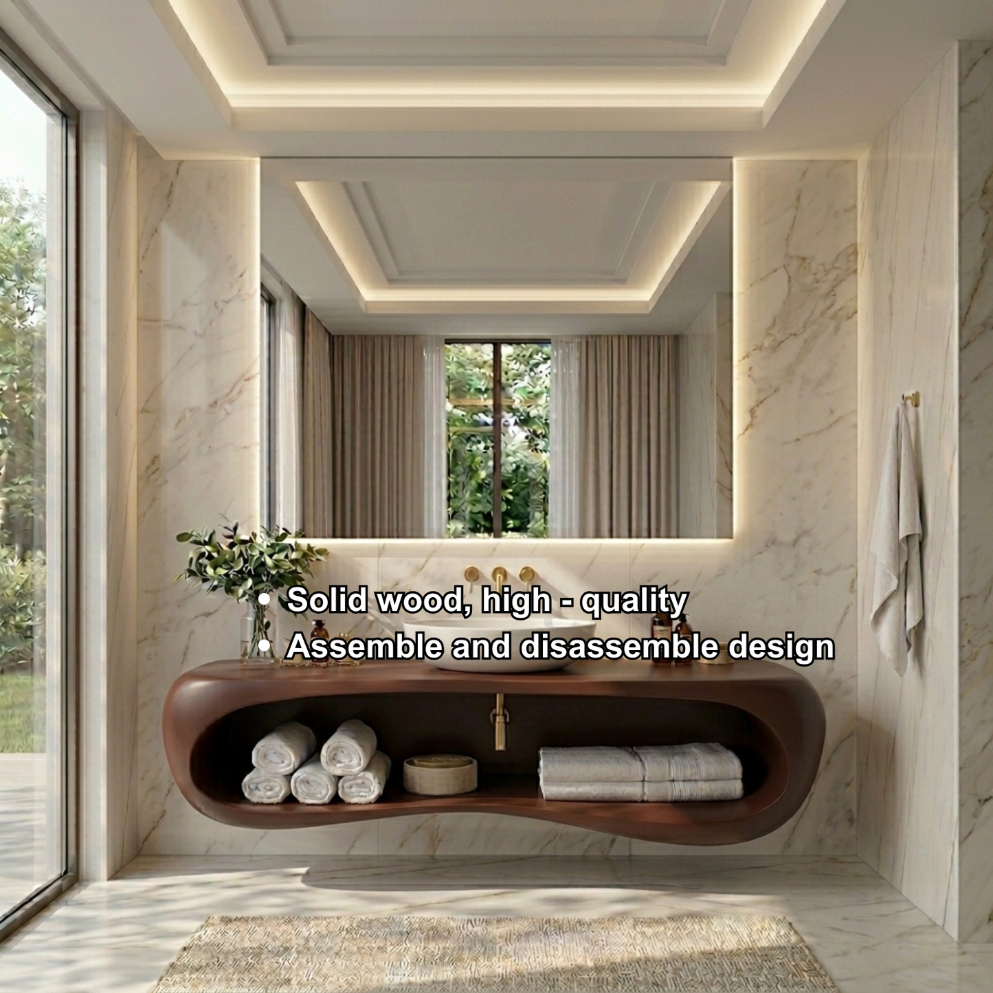 Solid Wood Floating Bathroom Vanity with Curved Open Shelf – Modern Wall Mounted Vanity Kitchnce