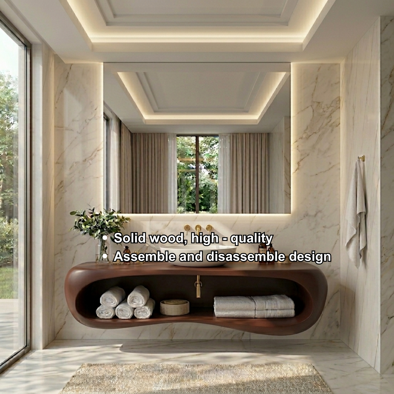 Solid Wood Floating Bathroom Vanity with Curved Open Shelf – Modern Wall Mounted Vanity Kitchnce