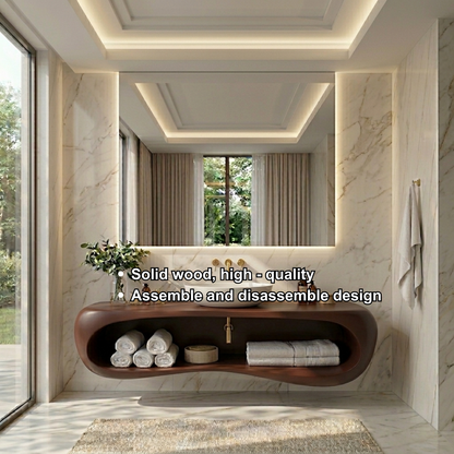 Solid Wood Floating Bathroom Vanity with Curved Open Shelf – Modern Wall Mounted Vanity Kitchnce