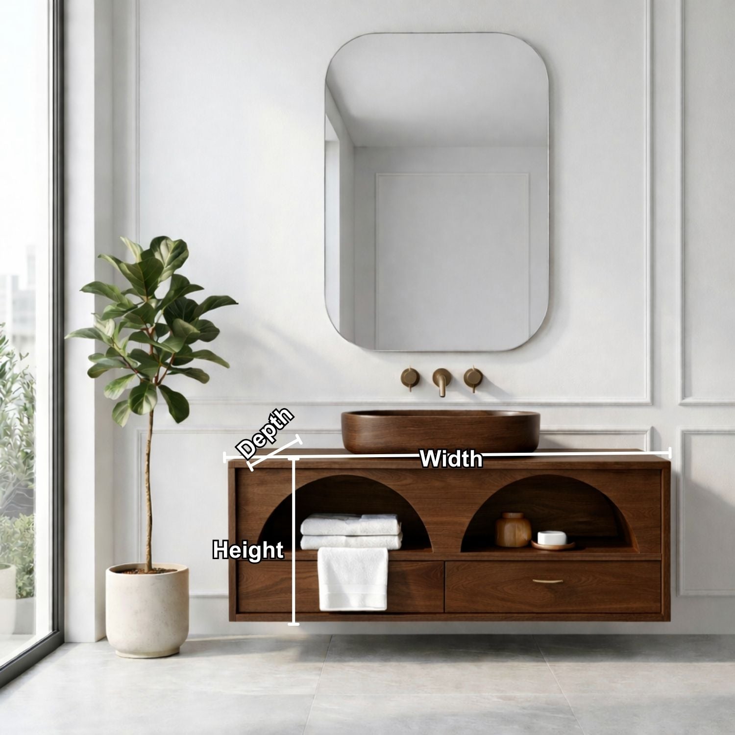 Handcrafted Arch Design Floating Vanity - Solid Wood Mid-Century Modern Bathroom Cabinet Kitchnce