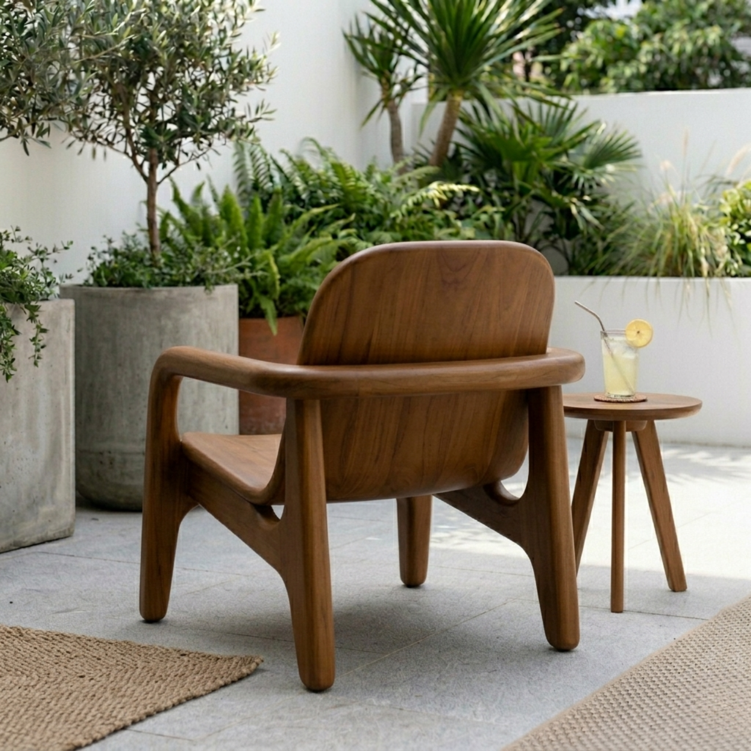 Curved Solid Wood Lounge Chair with Sculpted Armrests for Outdoor Patio
