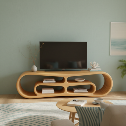 Modern Solid Wood TV Stand with Curved Design & Open Shelving - Stylish Living Room Storage Kitchnce