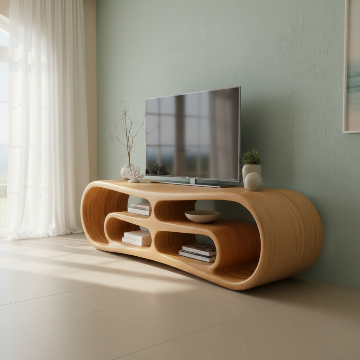Modern Solid Wood TV Stand with Curved Design & Open Shelving - Stylish Living Room Storage Kitchnce