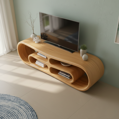 Modern Solid Wood TV Stand with Curved Design & Open Shelving - Stylish Living Room Storage Kitchnce