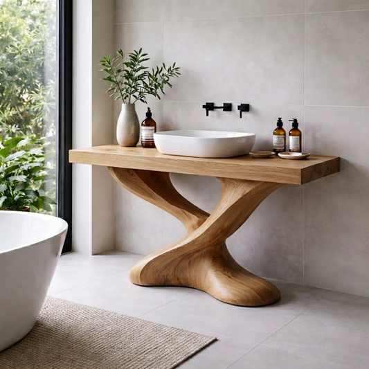 Solid Wood Bathroom Vanity with Sculptural Base – Modern Organic Wood Sink Vanity