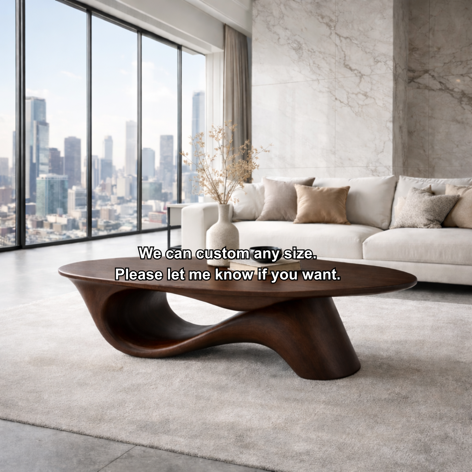 Organic Solid Wood Coffee Table with Sculpted Base – Modern Designer Living Room Table