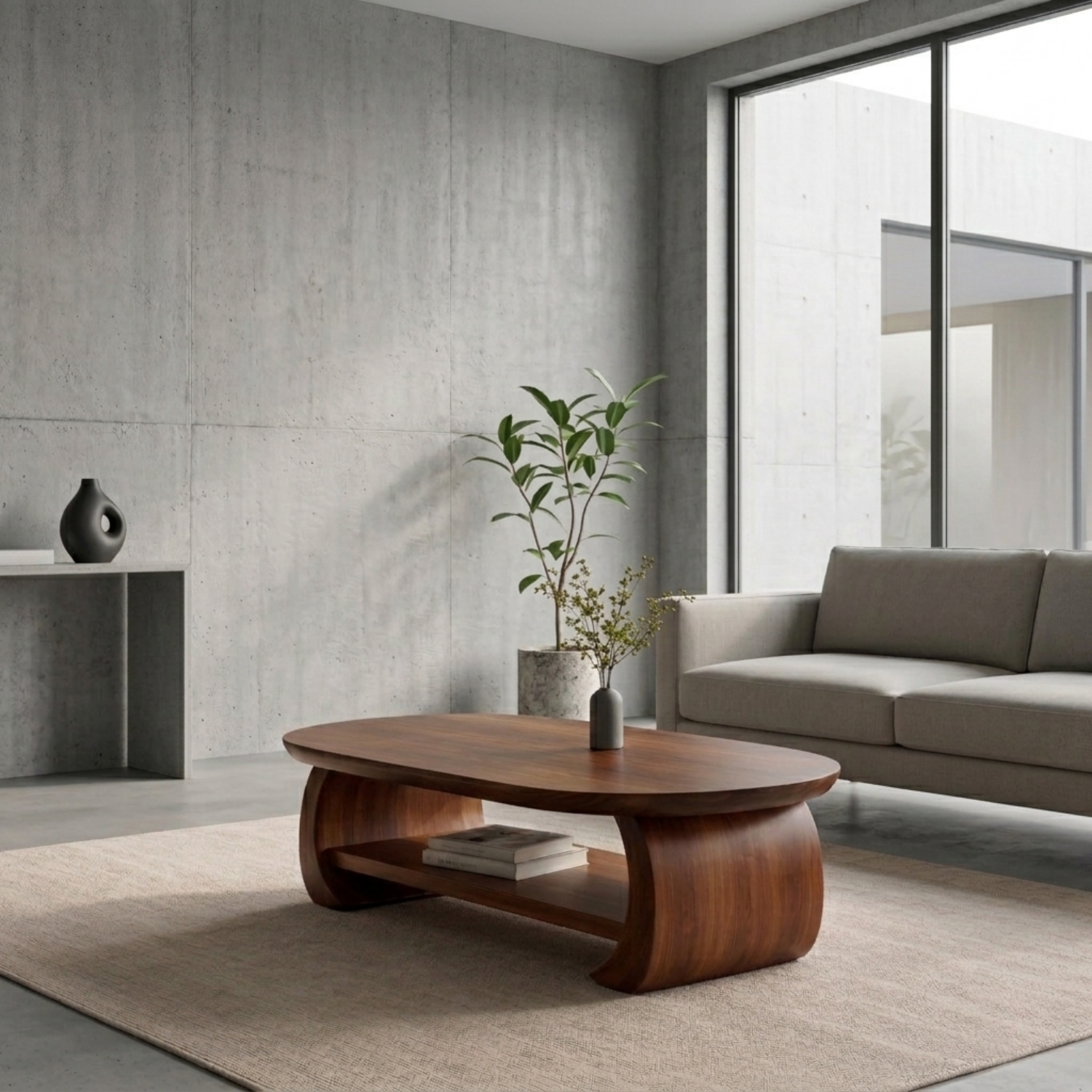Solid Wood Oval Coffee Table with Shelf – Modern Minimalist Living Room Table