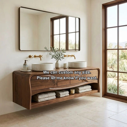 Handcrafted Wave Design Floating Vanity - Solid Wood Sculptural Mid-Century Bathroom Cabinet Kitchnce
