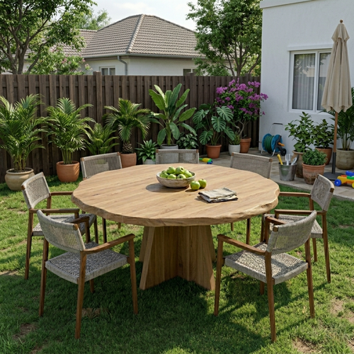 Round Live Edge Solid Wood Outdoor Dining Table with Sculptural Cross Pedestal Base