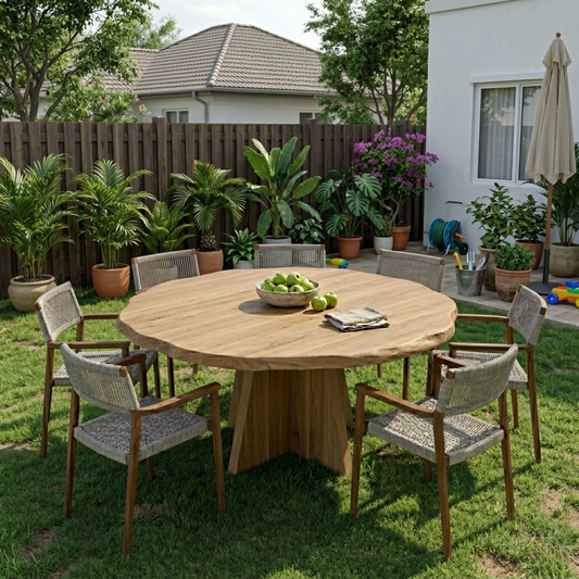 Round Live Edge Solid Wood Outdoor Dining Table with Sculptural Cross Pedestal Base