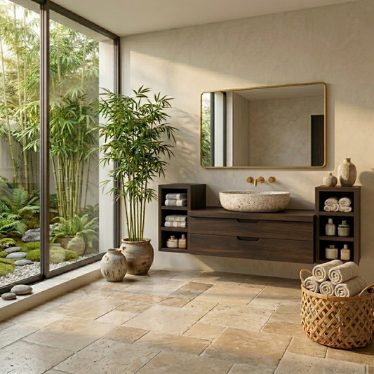 Floating Solid Wood Bathroom Vanity with Double Drawers and Open Side Shelves on Both Sides