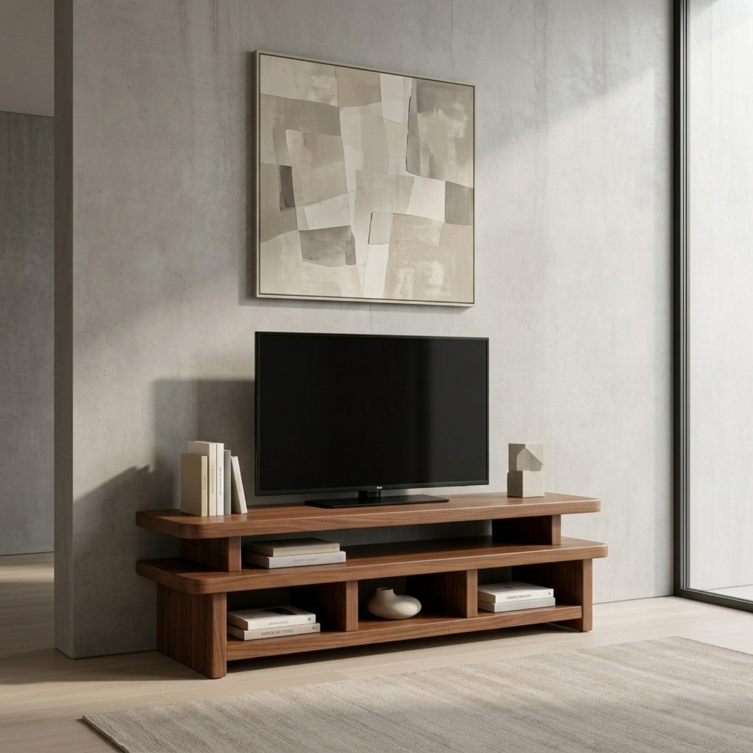 Solid Wood TV Stand with Open Shelves – Modern Low Profile Media Console