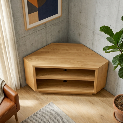 Solid Wood Corner TV Stand with Open Shelving – Space Saving Media Console