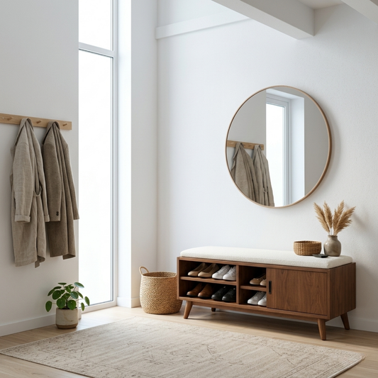 Solid Wood Shoe Storage Bench with Open Shelves and Side Cabinet Entryway Bench