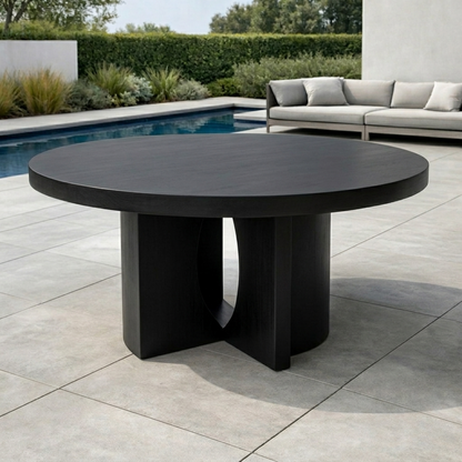 Round Solid Wood Outdoor Dining Table with Sculptural Dual Pedestal Base