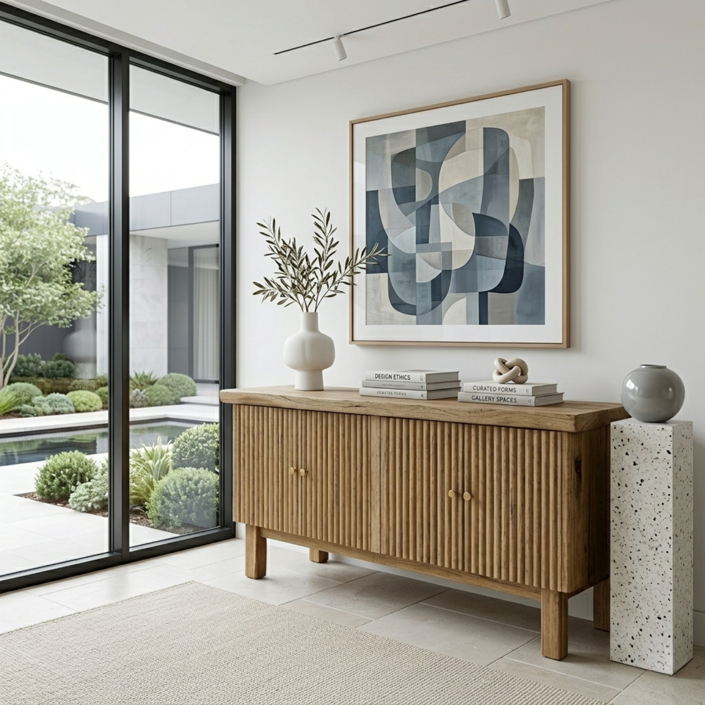 Fluted Solid Wood Console Table with Cabinet – Modern Slatted Entryway Sideboard