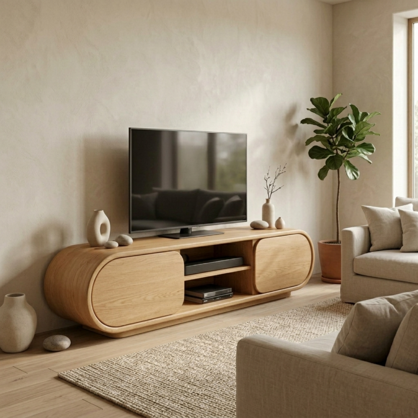 Solid Wood TV Stand with Curved Cabinet Doors and Open Shelf – Modern Media Console
