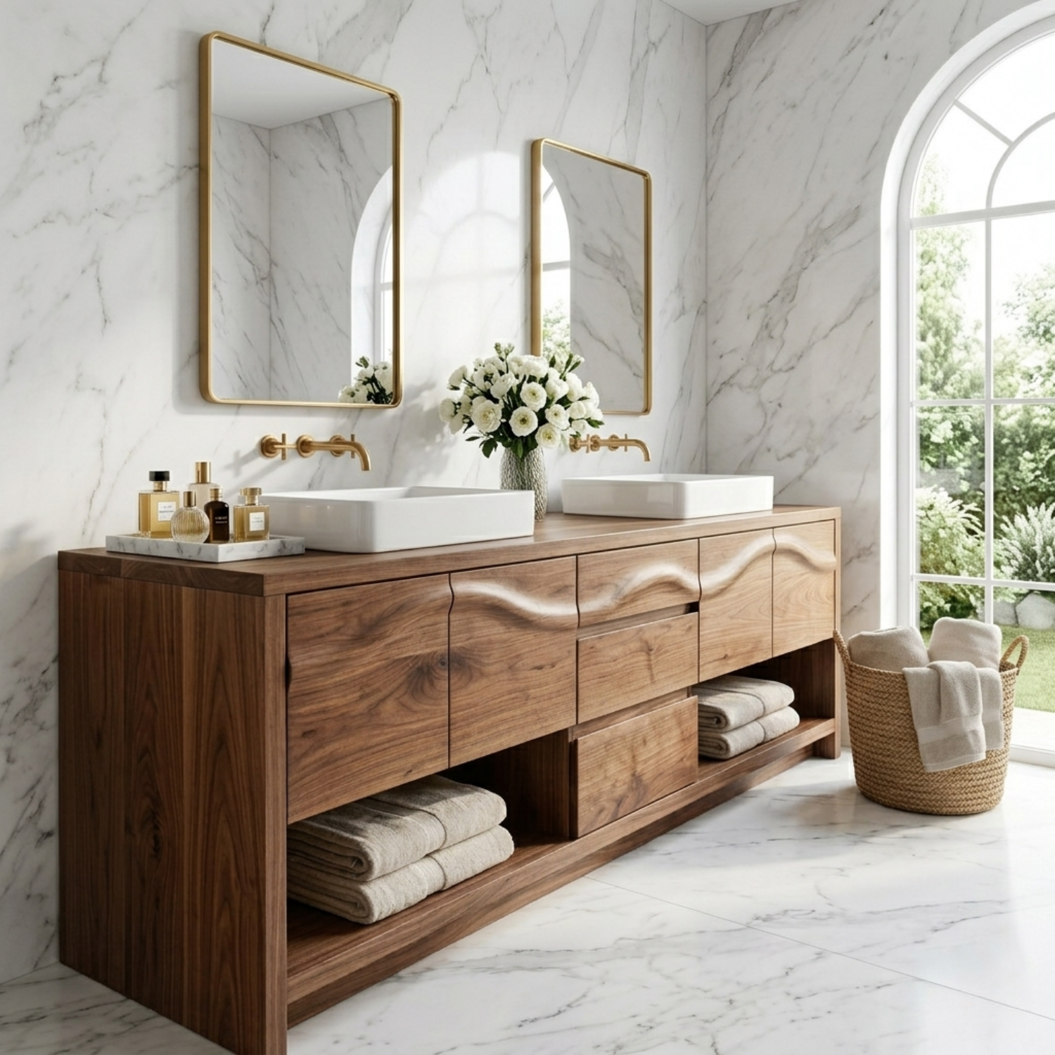 Solid Wood Bathroom Vanity for Double Sink Sculpted Front Modern Open Shelf Cabinet