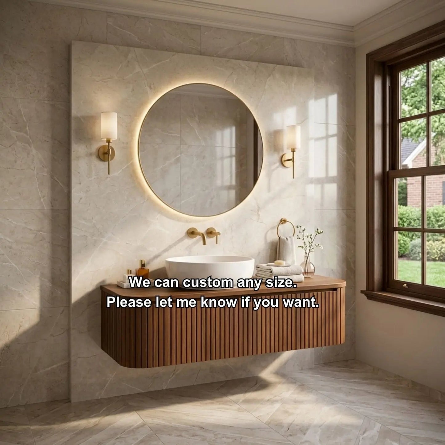 Floating Bathroom Vanity with Fluted Wood Panels and Rounded Edge Design Kitchnce