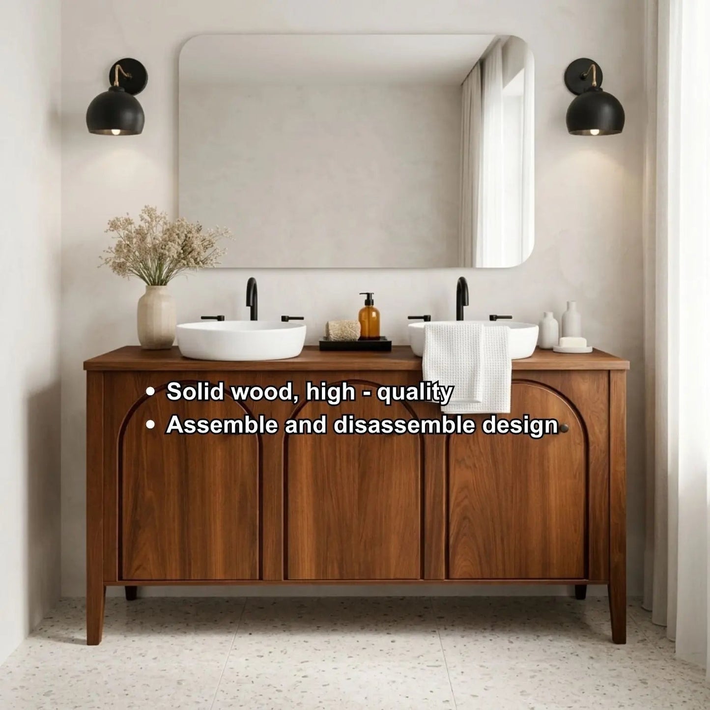 Handcrafted Triple Arch Double Vanity - Solid Wood Freestanding Modern Bathroom Cabinet Kitchnce