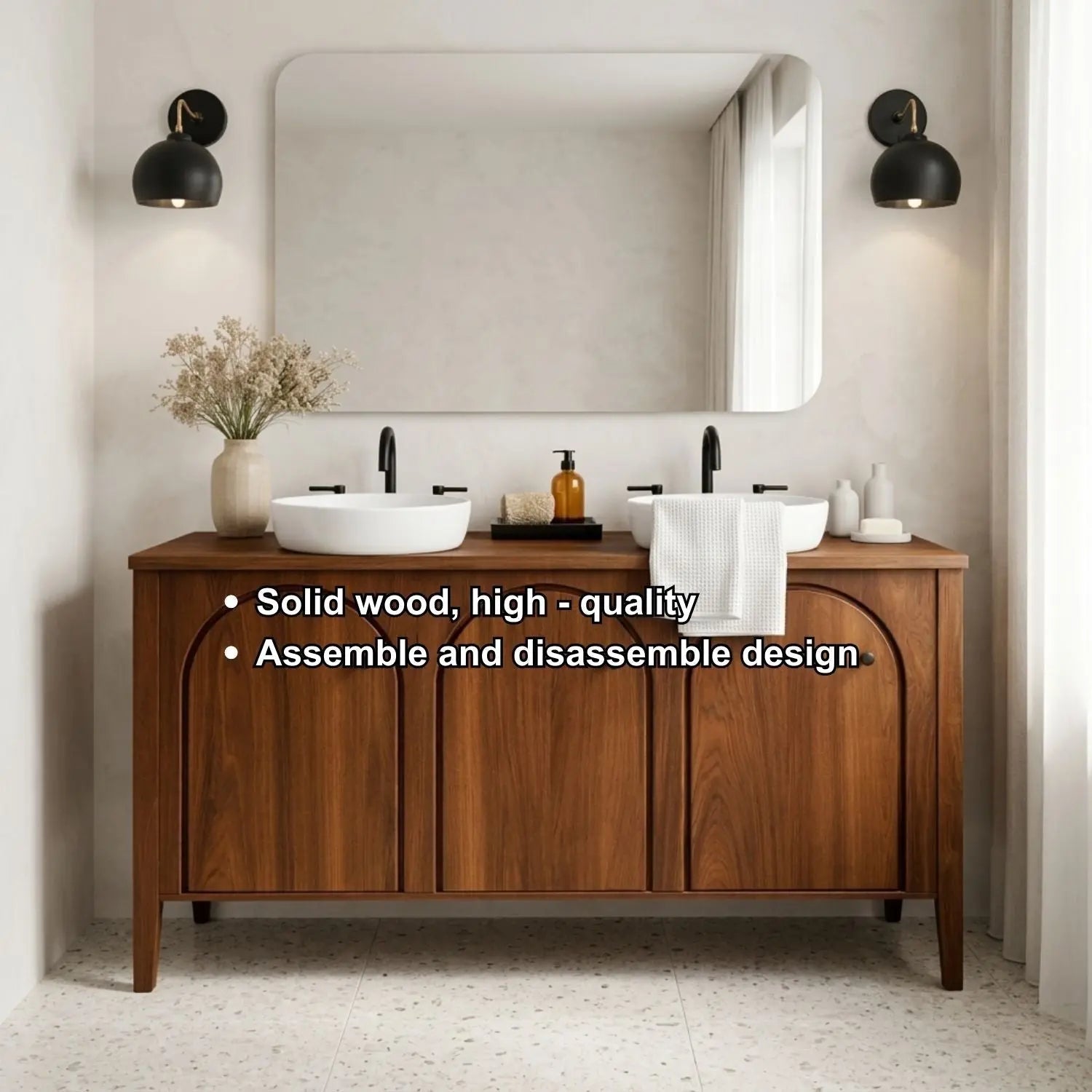 Handcrafted Triple Arch Double Vanity - Solid Wood Freestanding Modern Bathroom Cabinet Kitchnce