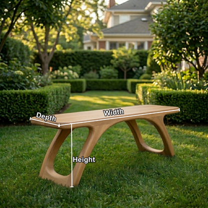 Solid Wood Outdoor Bench with Sculptural Cut-Out Legs and Organic Curved Frame