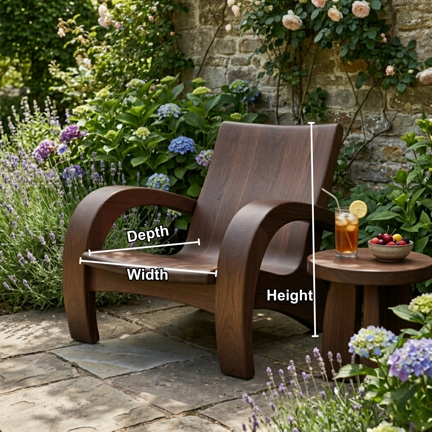 Modern Solid Wood Lounge Chair with Curved Armrests for Indoor & Outdoor Use