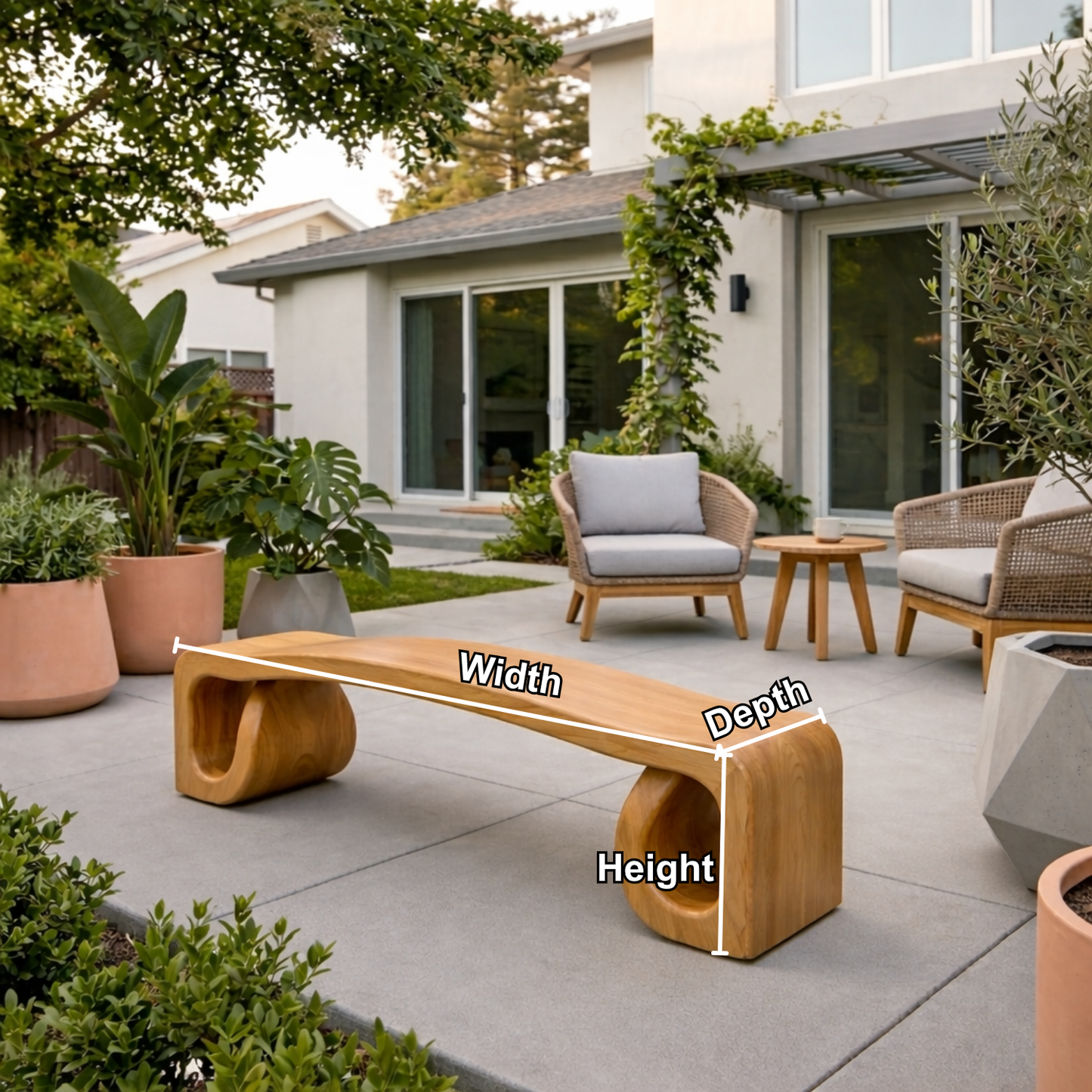 Solid Wood Outdoor Bench with Sculpted Wave Seat and Hollow Base Design