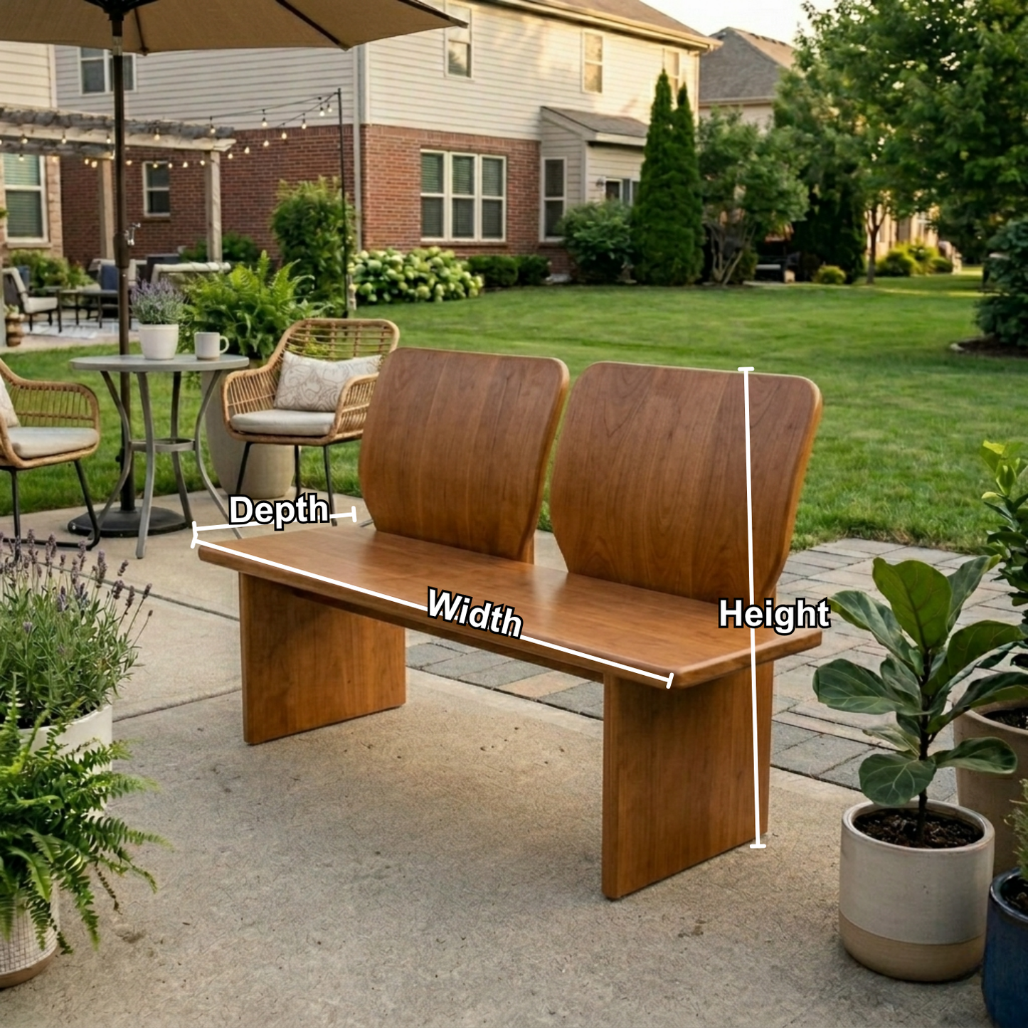 Solid Wood Outdoor Bench with Dual Curved Backrests Modern Sculptural Seating