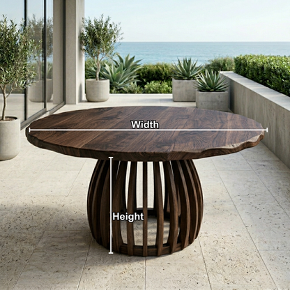 Round Live Edge Solid Wood Outdoor Dining Table with Sculptural Slatted Pedestal Base